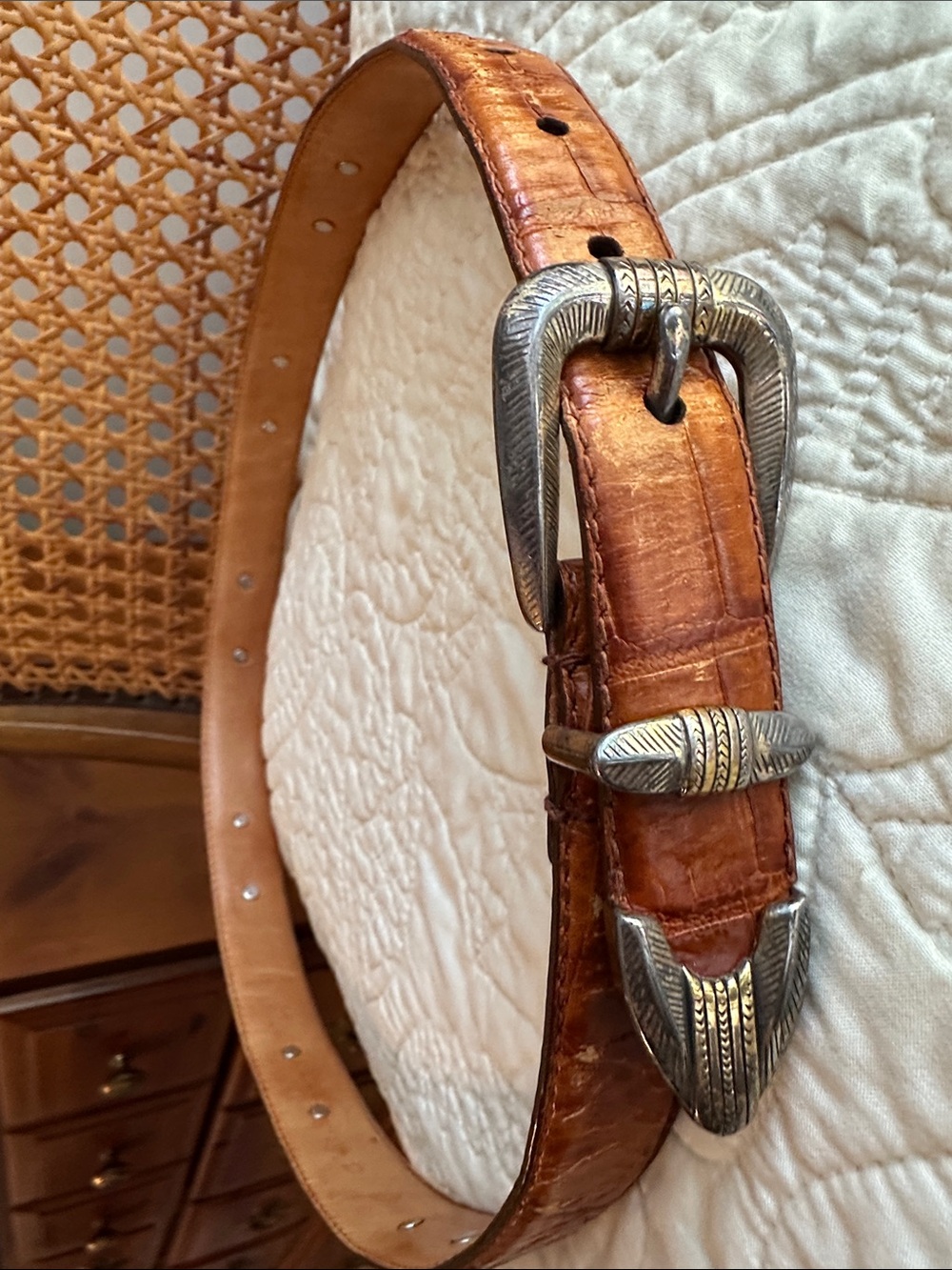 Arden Leather Co Italian Croco Calfskin 34” Belt w/ Silver Oval Feathered Disks